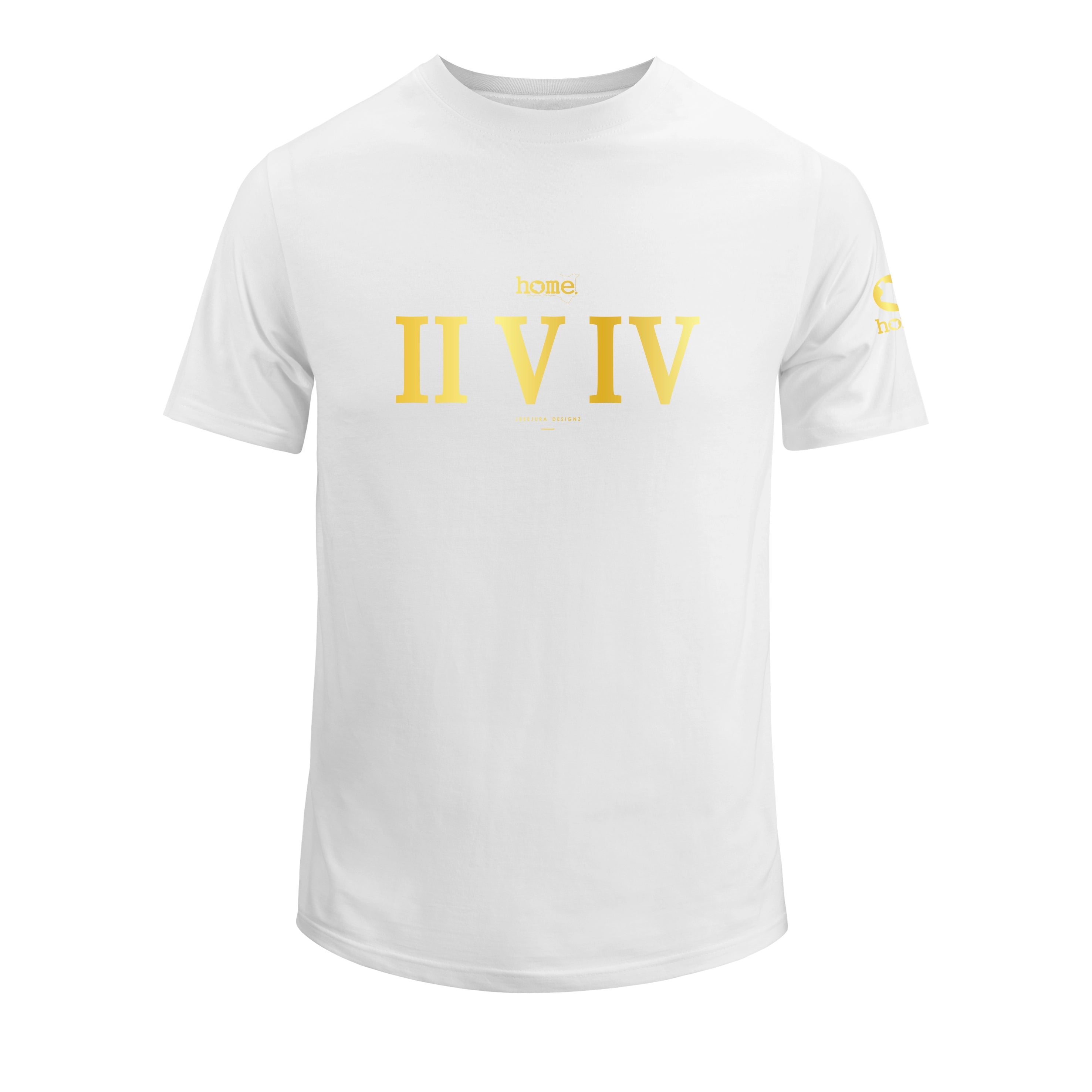 home_254 KIDS SHORT-SLEEVED WHITE T-SHIRT WITH A GOLD ROMAN NUMERALS PRINT – COTTON PLUS FABRIC