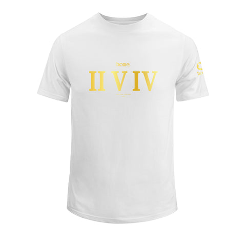 home_254 SHORT-SLEEVED WHITE T-SHIRT WITH A GOLD ROMAN NUMERALS PRINT – COTTON PLUS FABRIC
