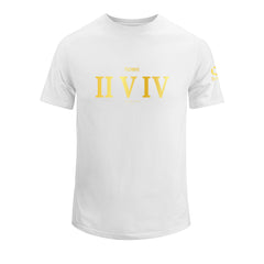 home_254 SHORT-SLEEVED WHITE T-SHIRT WITH A GOLD ROMAN NUMERALS PRINT – COTTON PLUS FABRIC