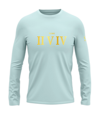 home_254 LONG-SLEEVED MISTY BLUE T-SHIRT WITH A GOLD ROMAN NUMERALS PRINT – COTTON PLUS FABRIC