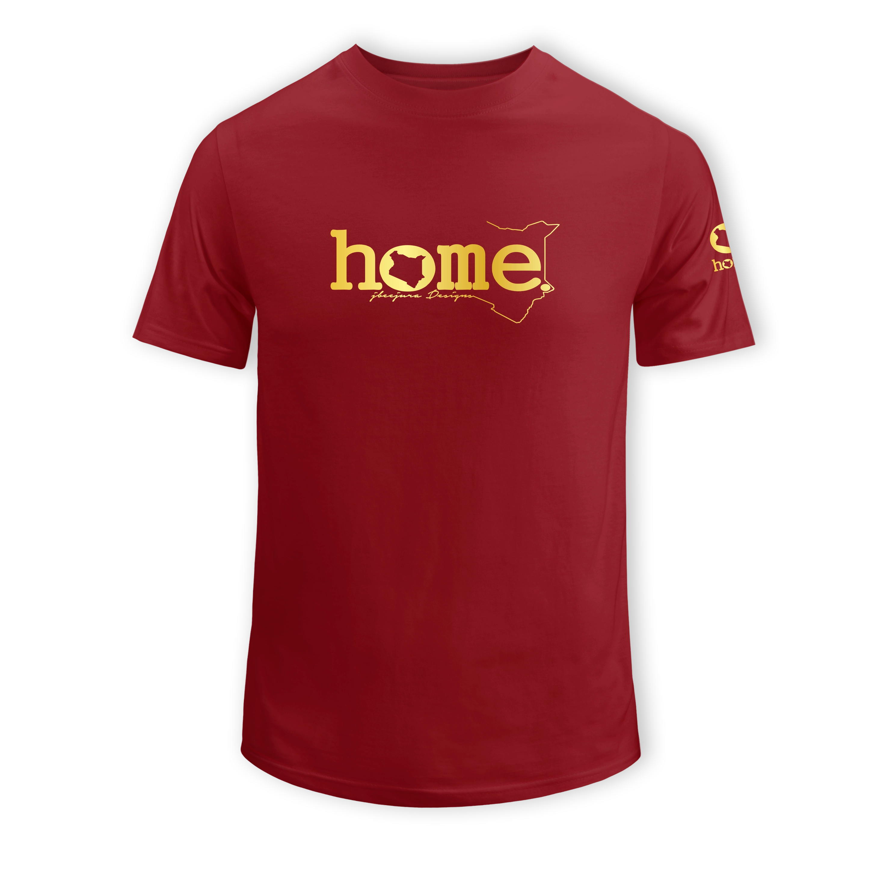 home_254 SHORT-SLEEVED MAROON RED T-SHIRT WITH A GOLD CLASSIC WORDS PRINT – COTTON PLUS FABRIC