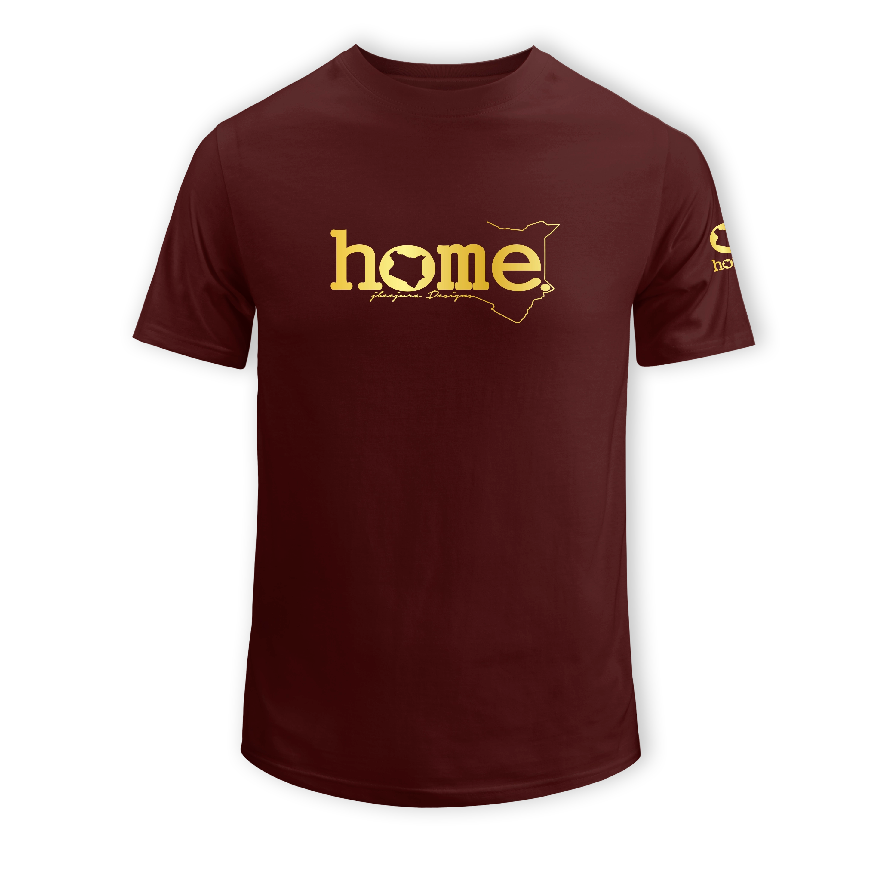 home_254 SHORT-SLEEVED MAROON T-SHIRT WITH A GOLD CLASSIC WORDS PRINT – COTTON PLUS FABRIC