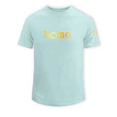 home_254 SHORT-SLEEVED MISTY BLUE T-SHIRT WITH A GOLD CLASSIC WORDS  PRINT – COTTON PLUS FABRIC