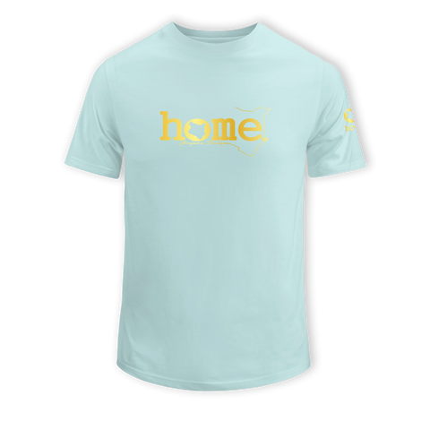 home_254 KIDS SHORT-SLEEVED MISTY BLUE T-SHIRT WITH A GOLD CLASSIC WORDS PRINT – COTTON PLUS FABRIC