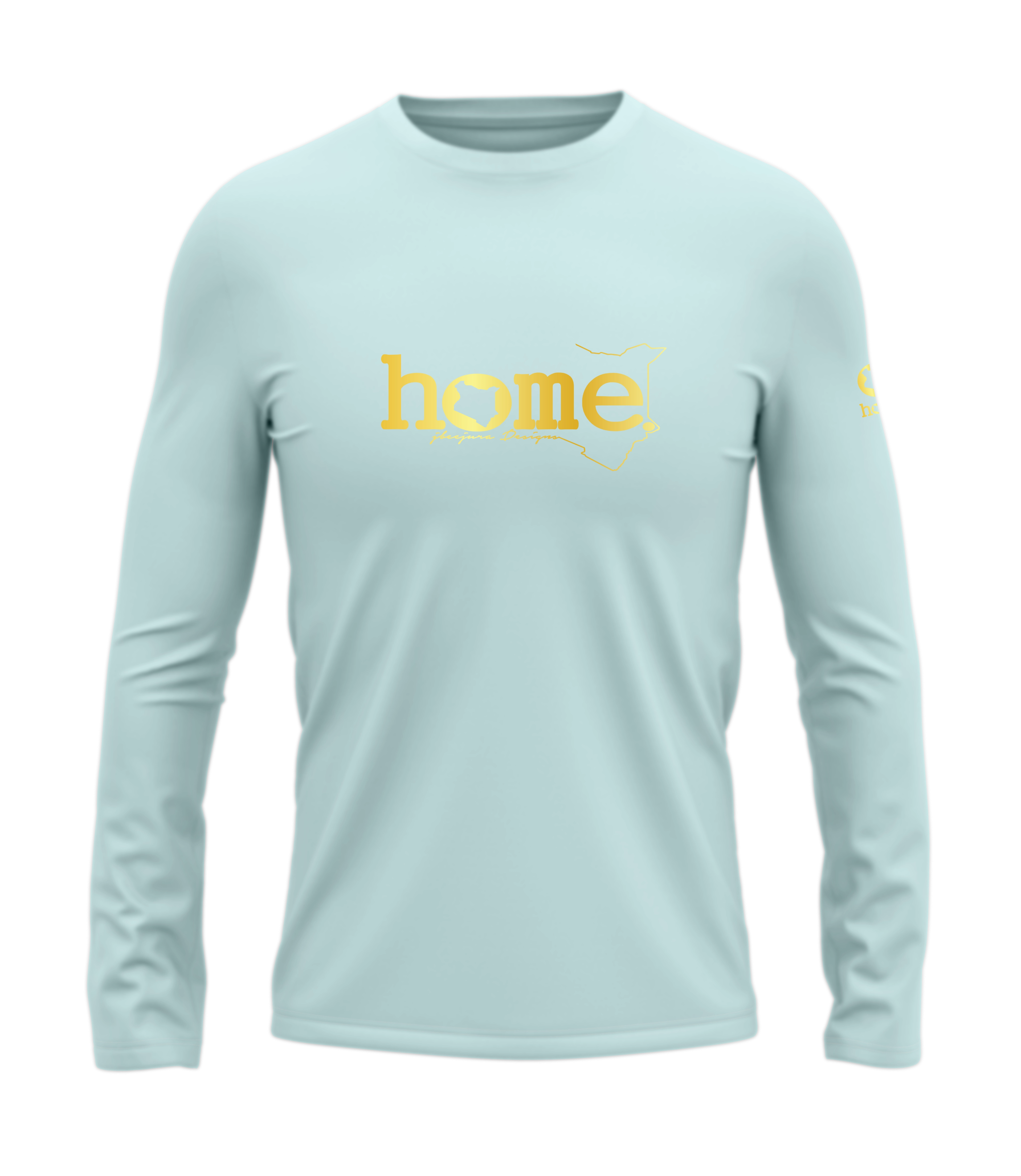 home_254 LONG-SLEEVED MISTY BLUE T-SHIRT WITH A GOLD CLASSIC WORDS PRINT – COTTON PLUS FABRIC