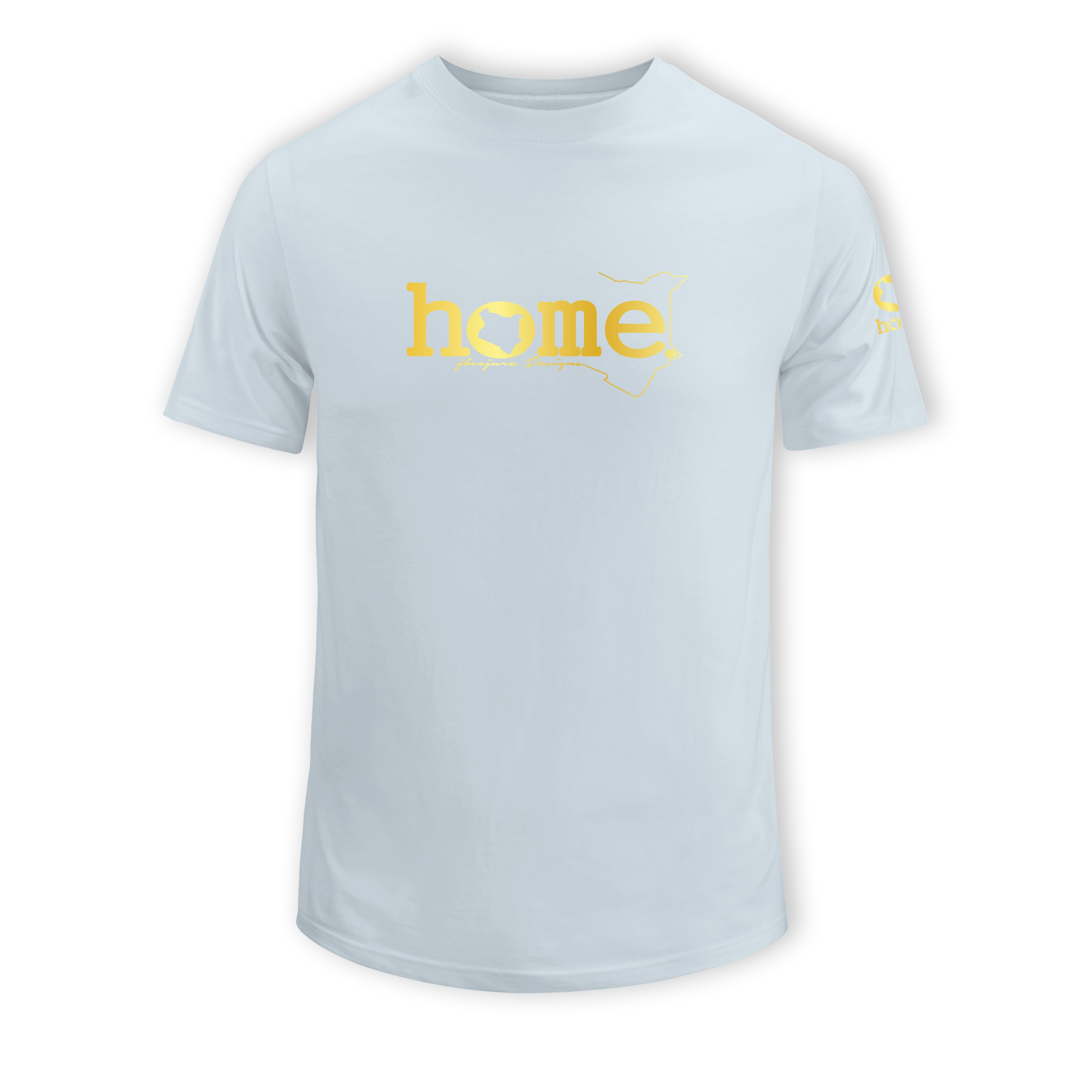 home_254 SHORT-SLEEVED SKY-BLUE T-SHIRT WITH A GOLD CLASSIC WORDS PRINT – COTTON PLUS FABRIC