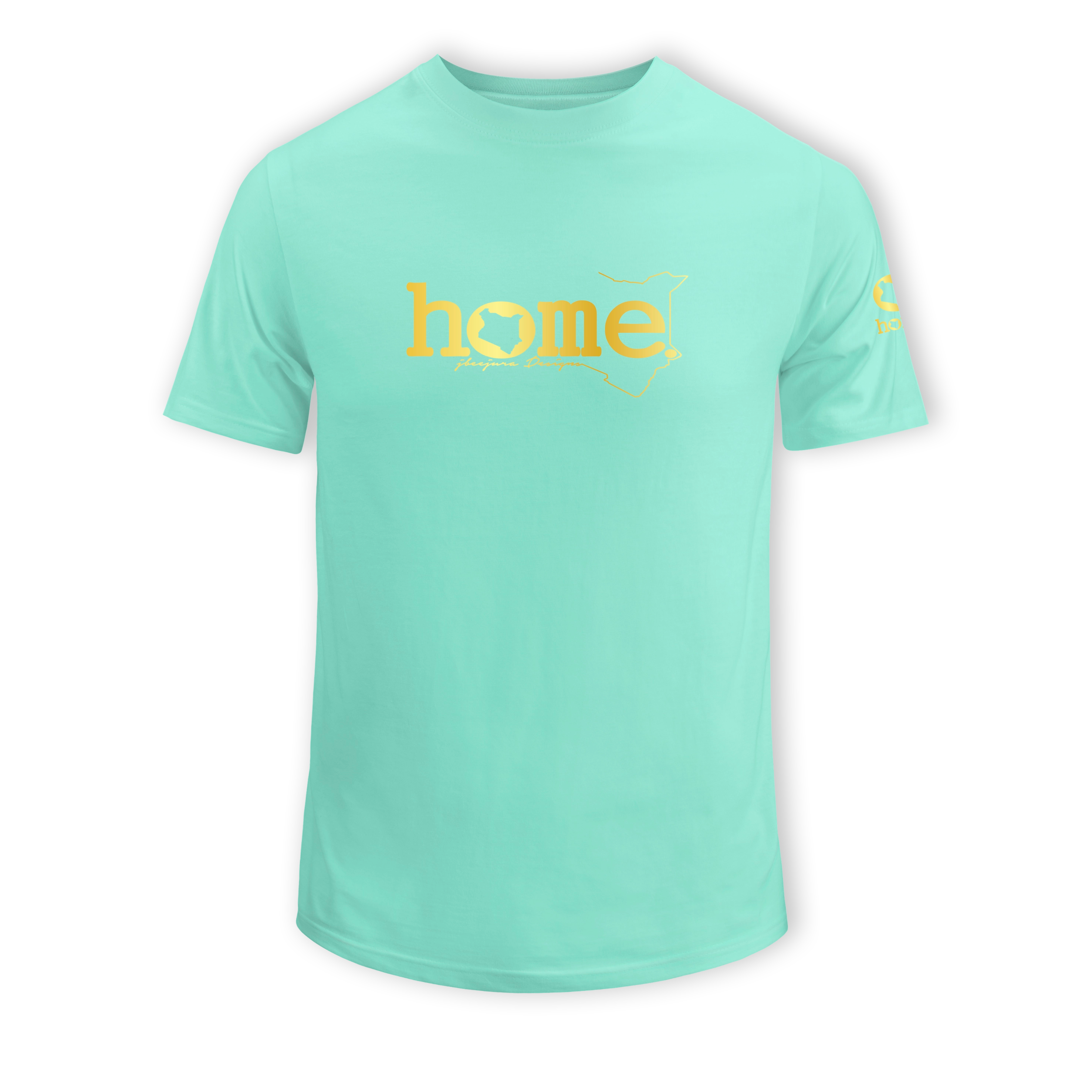 home_254 SHORT-SLEEVED TURQUOISE GREEN T-SHIRT WITH A GOLD CLASSIC WORDS PRINT – COTTON PLUS FABRIC