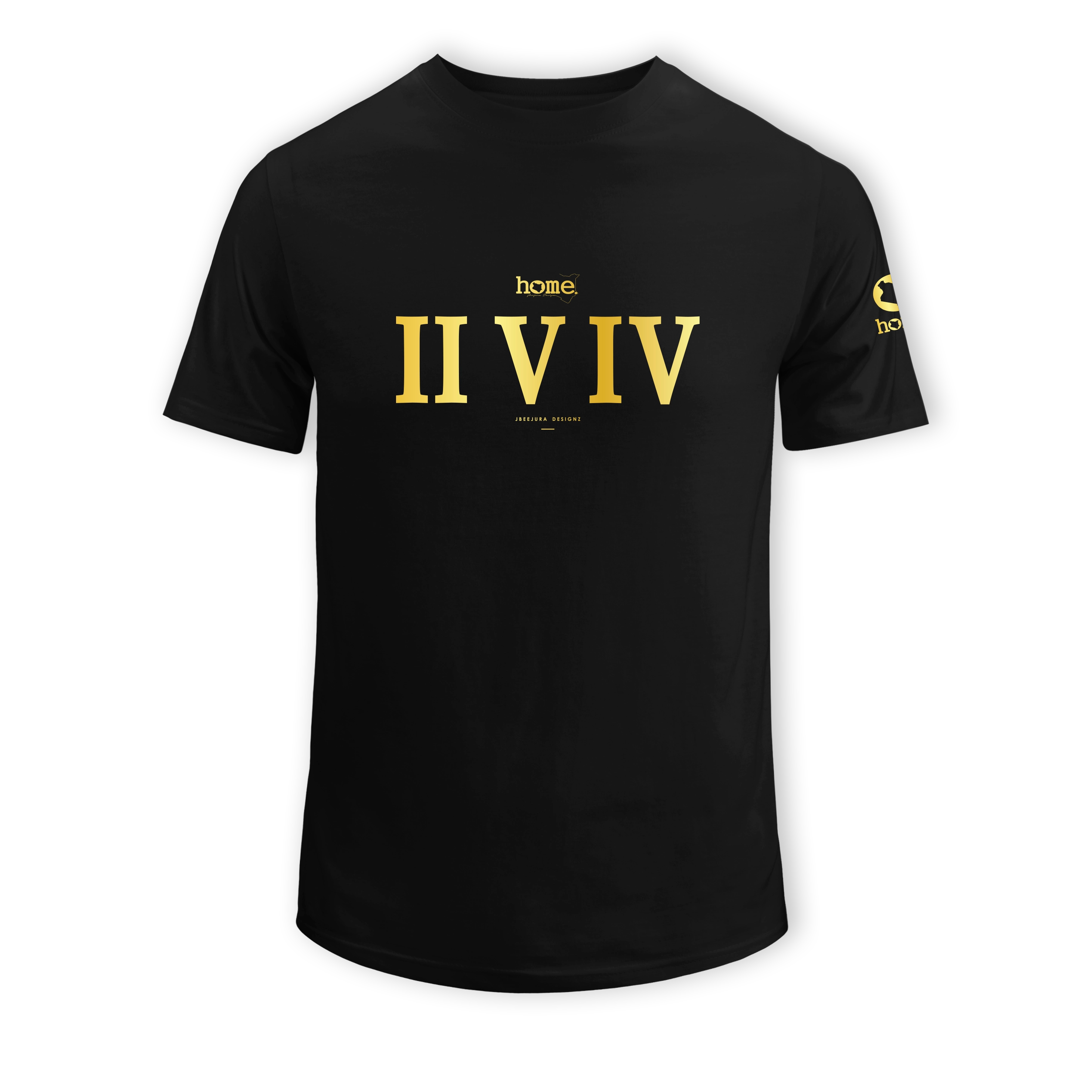 home_254 SHORT-SLEEVED BLACK T-SHIRT WITH A GOLD ROMAN NUMERALS PRINT – COTTON PLUS FABRIC