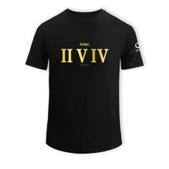 home_254 KIDS SHORT-SLEEVED BLACK T-SHIRT WITH A GOLD ROMAN NUMERALS PRINT – COTTON PLUS FABRIC