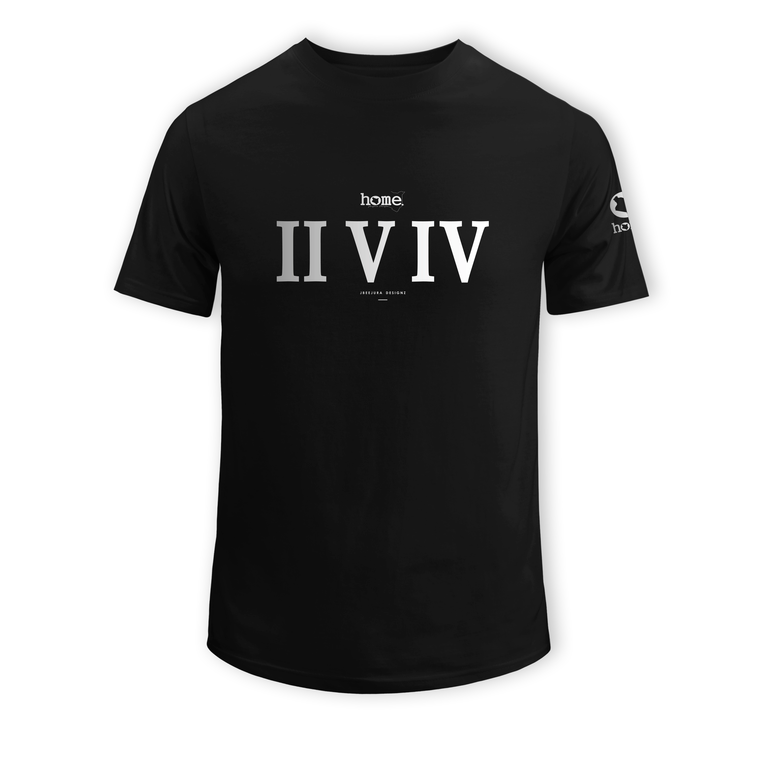 home_254 SHORT-SLEEVED BLACK T-SHIRT WITH A SILVER ROMAN NUMERALS PRINT – COTTON PLUS FABRIC