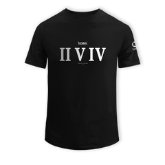 home_254 SHORT-SLEEVED BLACK T-SHIRT WITH A SILVER ROMAN NUMERALS PRINT – COTTON PLUS FABRIC