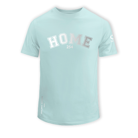 home_254 SHORT-SLEEVED MISTY BLUE T-SHIRT WITH A SILVER COLLEGE PRINT – COTTON PLUS FABRIC