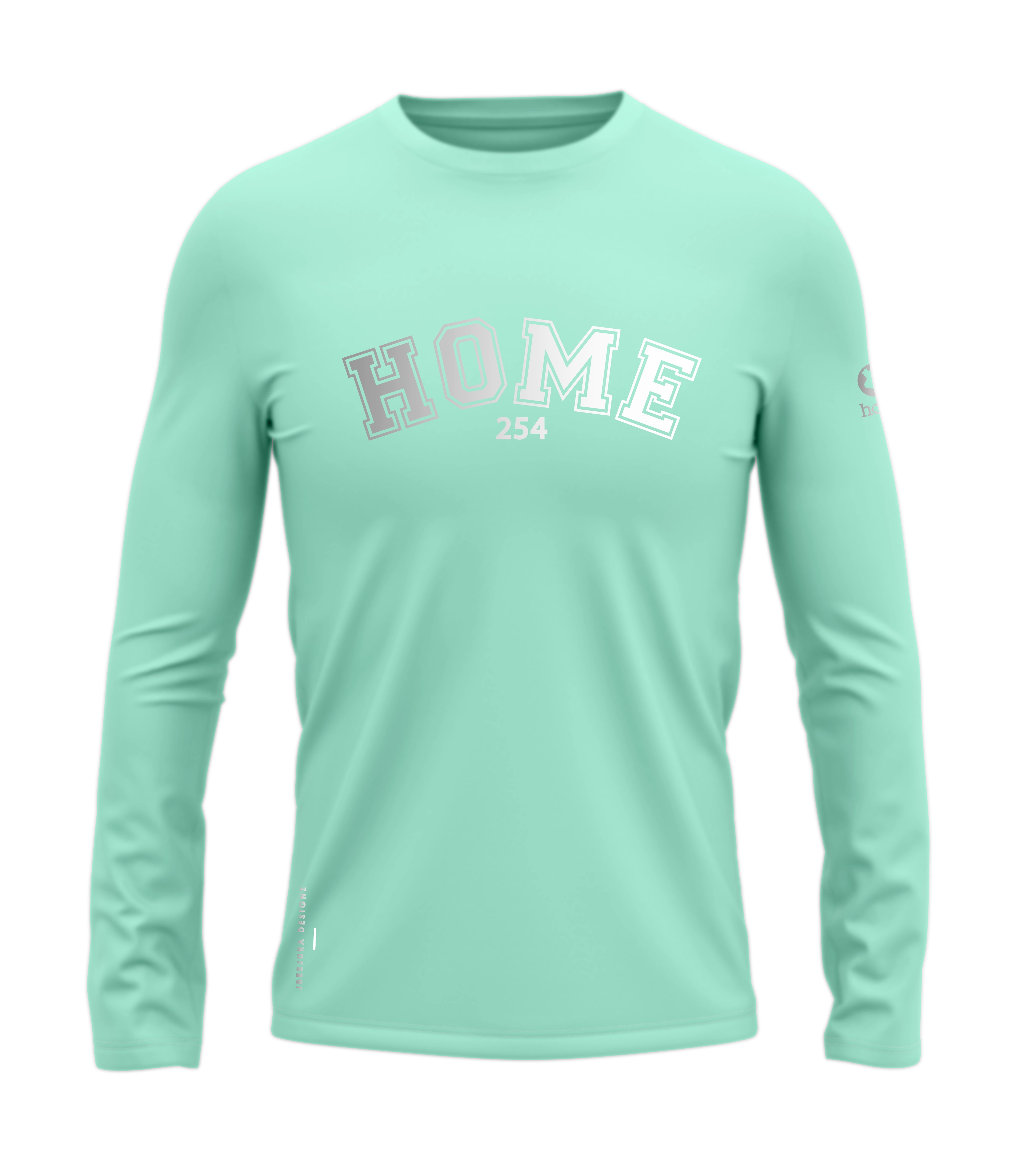 home_254 LONG-SLEEVED TURQUOISE GREEN T-SHIRT WITH A SILVER COLLEGE PRINT – COTTON PLUS FABRIC