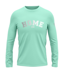 home_254 LONG-SLEEVED TURQUOISE GREEN T-SHIRT WITH A SILVER COLLEGE PRINT – COTTON PLUS FABRIC