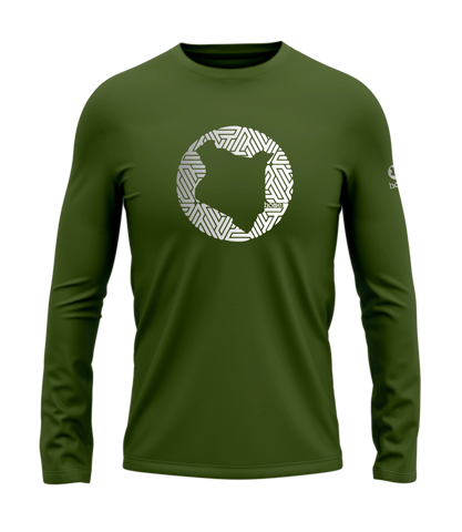 home_254 LONG-SLEEVED JUNGLE GREEN T-SHIRT WITH A SILVER MAP PRINT – COTTON PLUS FABRIC