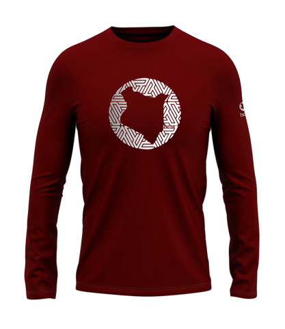 home_254 LONG-SLEEVED MAROON RED T-SHIRT WITH A SILVER MAP PRINT – COTTON PLUS FABRIC