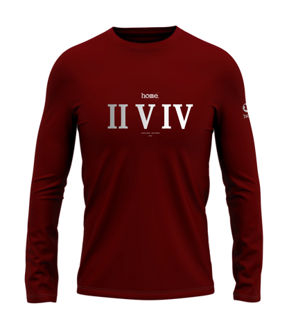 home_254 LONG-SLEEVED MAROON RED T-SHIRT WITH A SILVER ROMAN NUMERALS PRINT – COTTON PLUS FABRIC