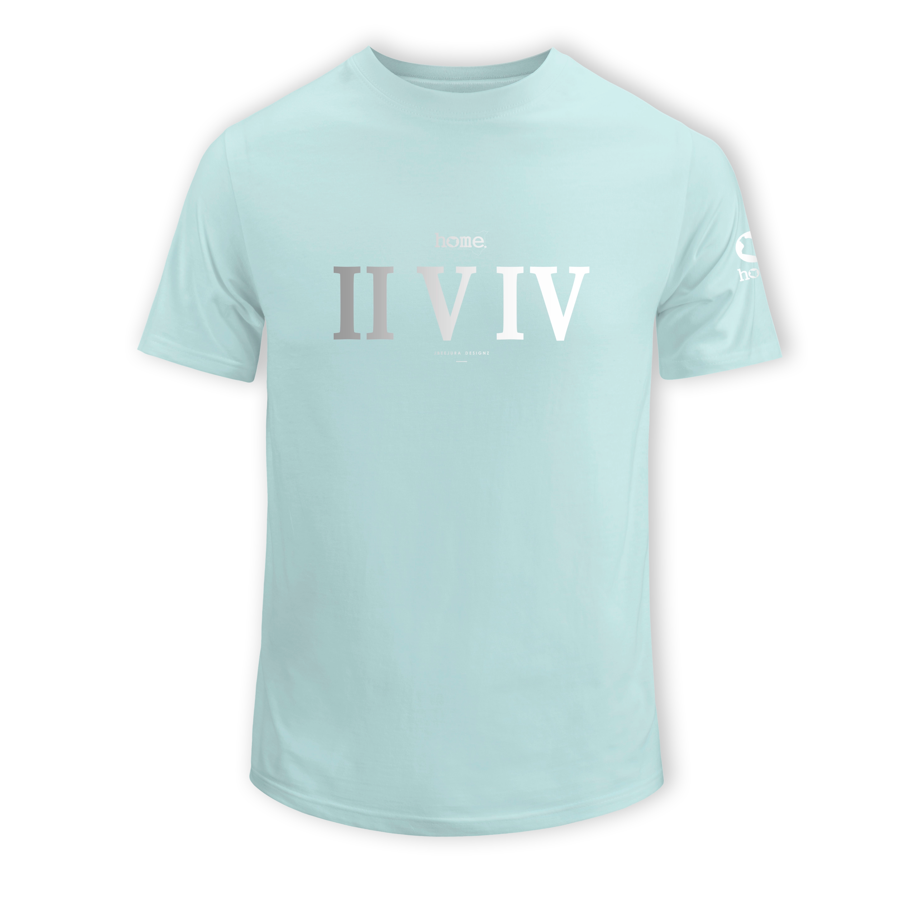 home_254 KIDS SHORT-SLEEVED MISTY BLUE T-SHIRT WITH A SILVER ROMAN NUMERALS PRINT – COTTON PLUS FABRIC