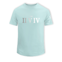 home_254 SHORT-SLEEVED MISTY BLUE T-SHIRT WITH A SIILVER ROMAN NUMERALS PRINT – COTTON PLUS FABRIC