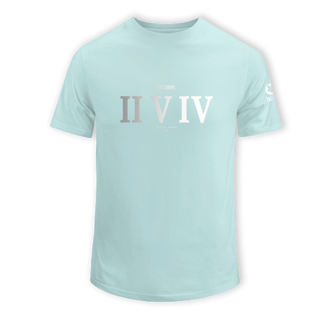 home_254 KIDS SHORT-SLEEVED MISTY BLUE T-SHIRT WITH A SILVER ROMAN NUMERALS PRINT – COTTON PLUS FABRIC