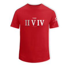home_254 SHORT-SLEEVED RED T-SHIRT WITH A SILVER ROMAN NUMERALS PRINT – COTTON PLUS FABRIC
