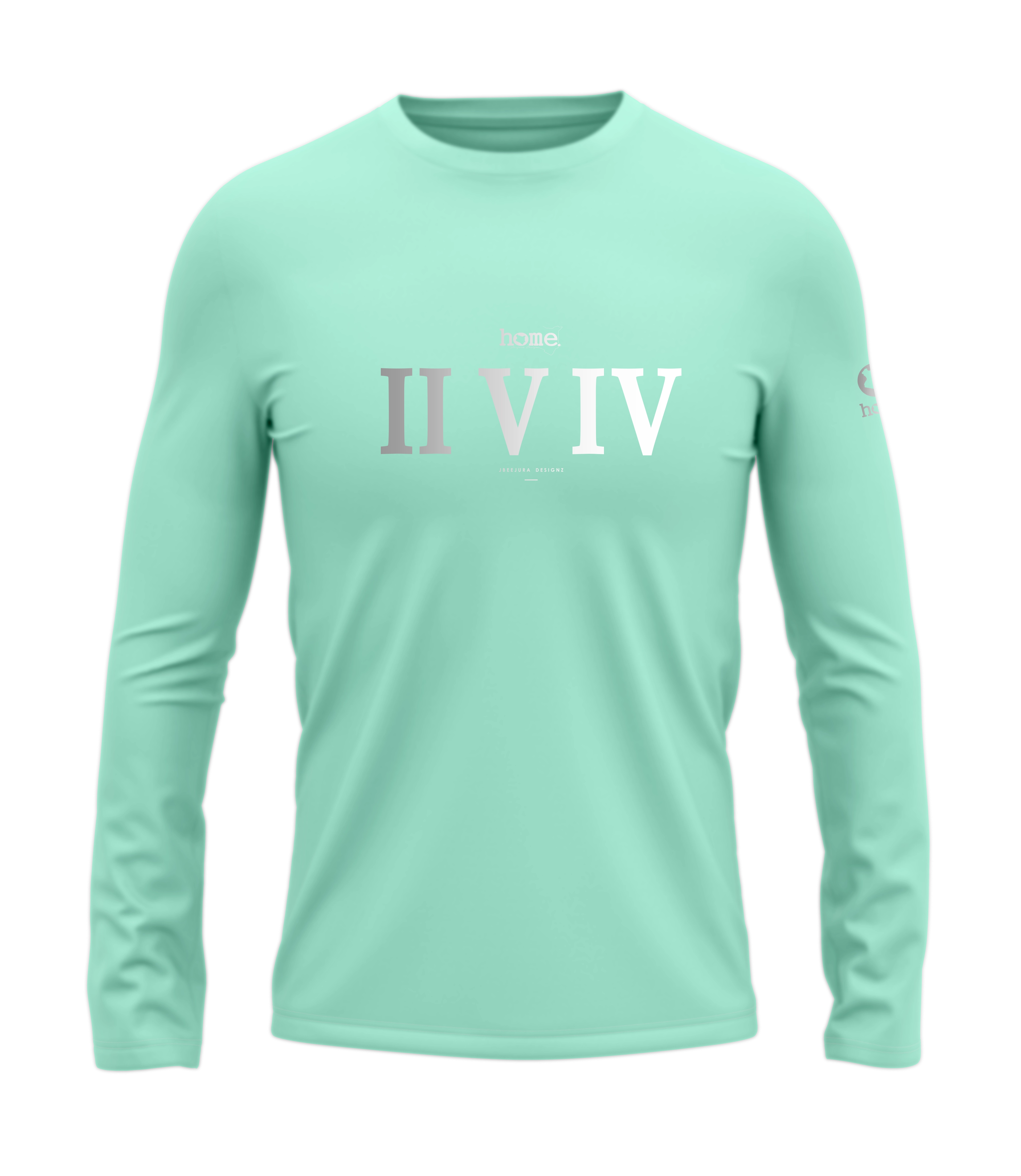 home_254 LONG-SLEEVED TURQUOISE GREEN T-SHIRT WITH A SILVER ROMAN NUMERALS PRINT – COTTON PLUS FABRIC