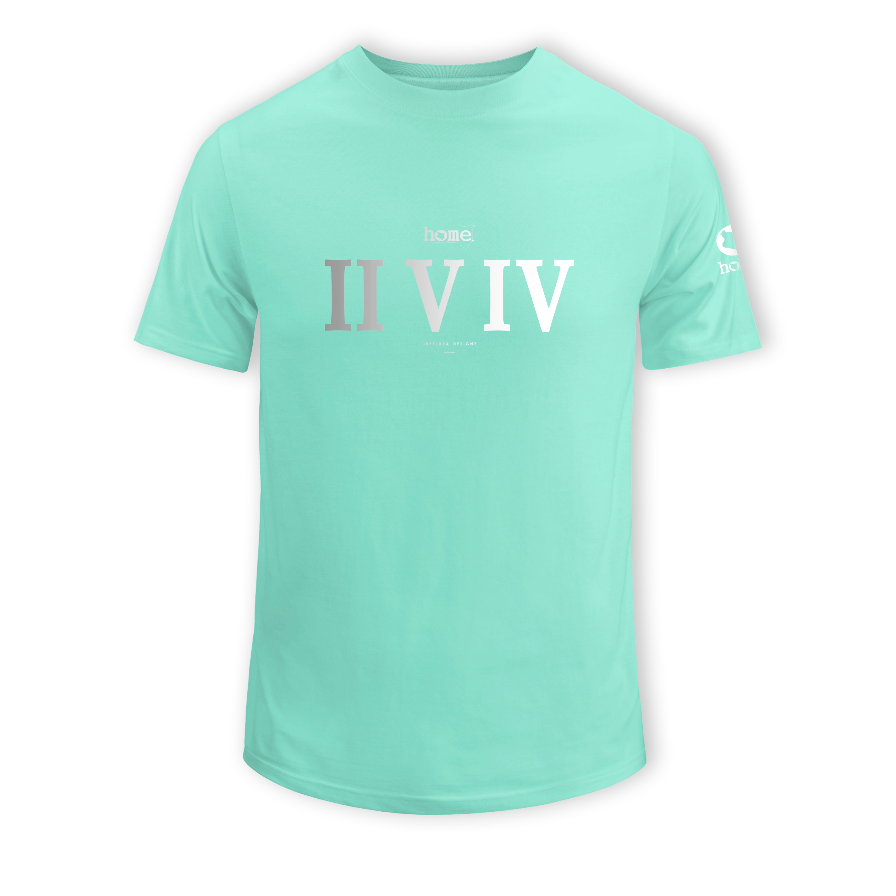 home_254 SHORT-SLEEVED TURQUOISE GREEN T-SHIRT WITH A SILVER ROMAN NUMERALS PRINT – COTTON PLUS FABRIC