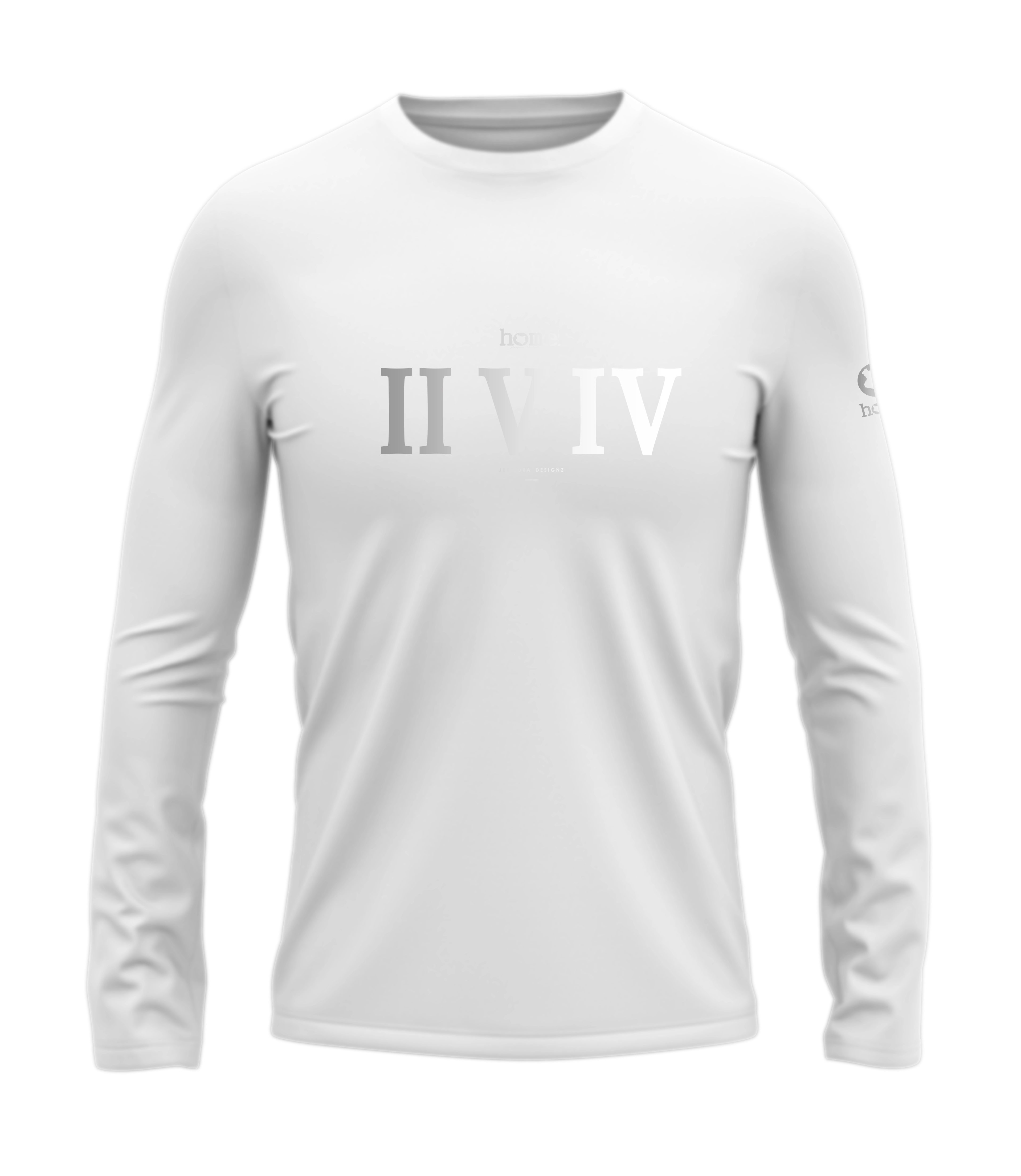 home_254 LONG-SLEEVED WHITE T-SHIRT WITH A SILVER ROMAN NUMERALS PRINT – COTTON PLUS FABRIC