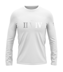 home_254 LONG-SLEEVED WHITE T-SHIRT WITH A SILVER ROMAN NUMERALS PRINT – COTTON PLUS FABRIC