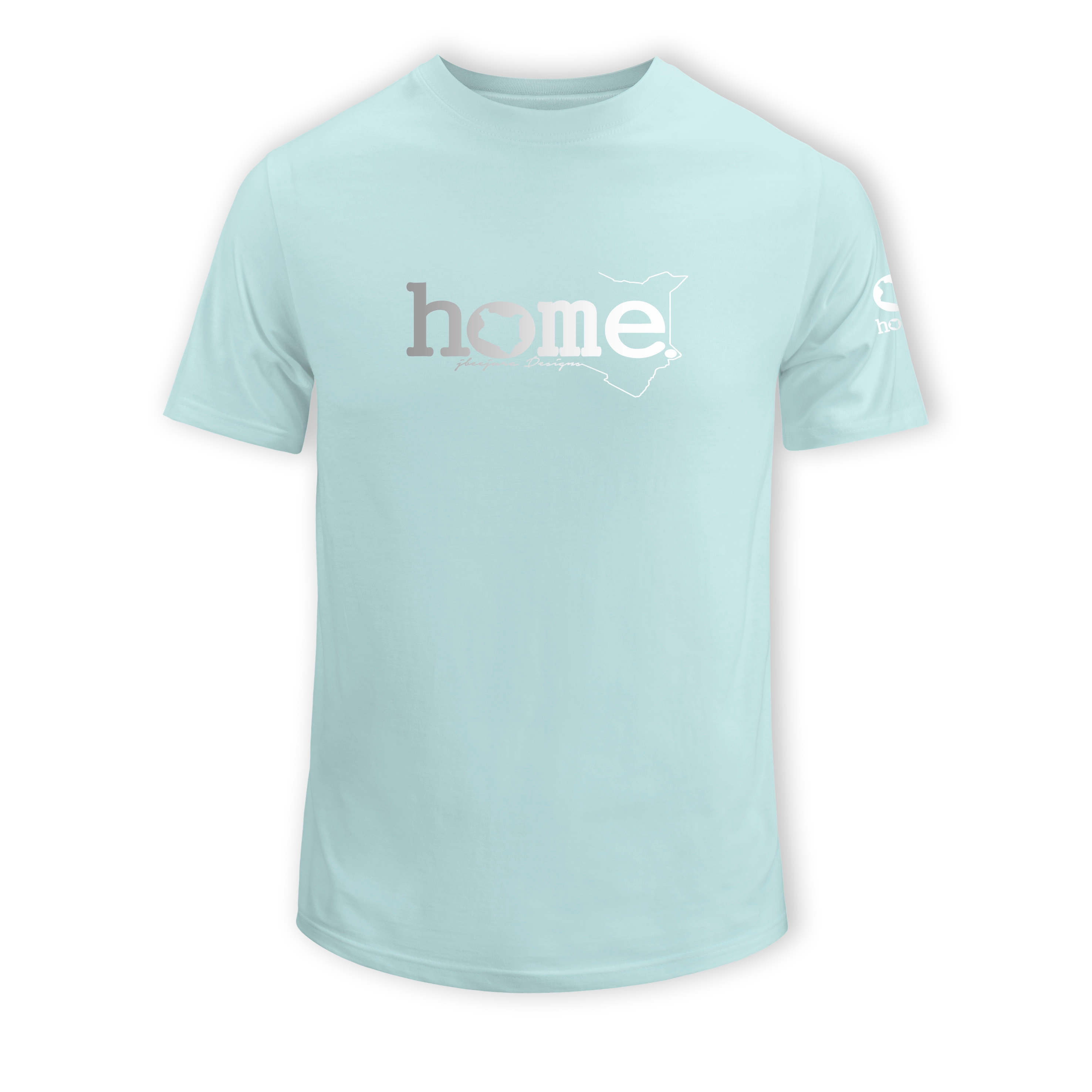 home_254 SHORT-SLEEVED MISTY BLUE T-SHIRT WITH A SIILVER CLASSIC WORDS PRINT – COTTON PLUS FABRIC