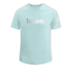 home_254 SHORT-SLEEVED MISTY BLUE T-SHIRT WITH A SIILVER CLASSIC WORDS PRINT – COTTON PLUS FABRIC