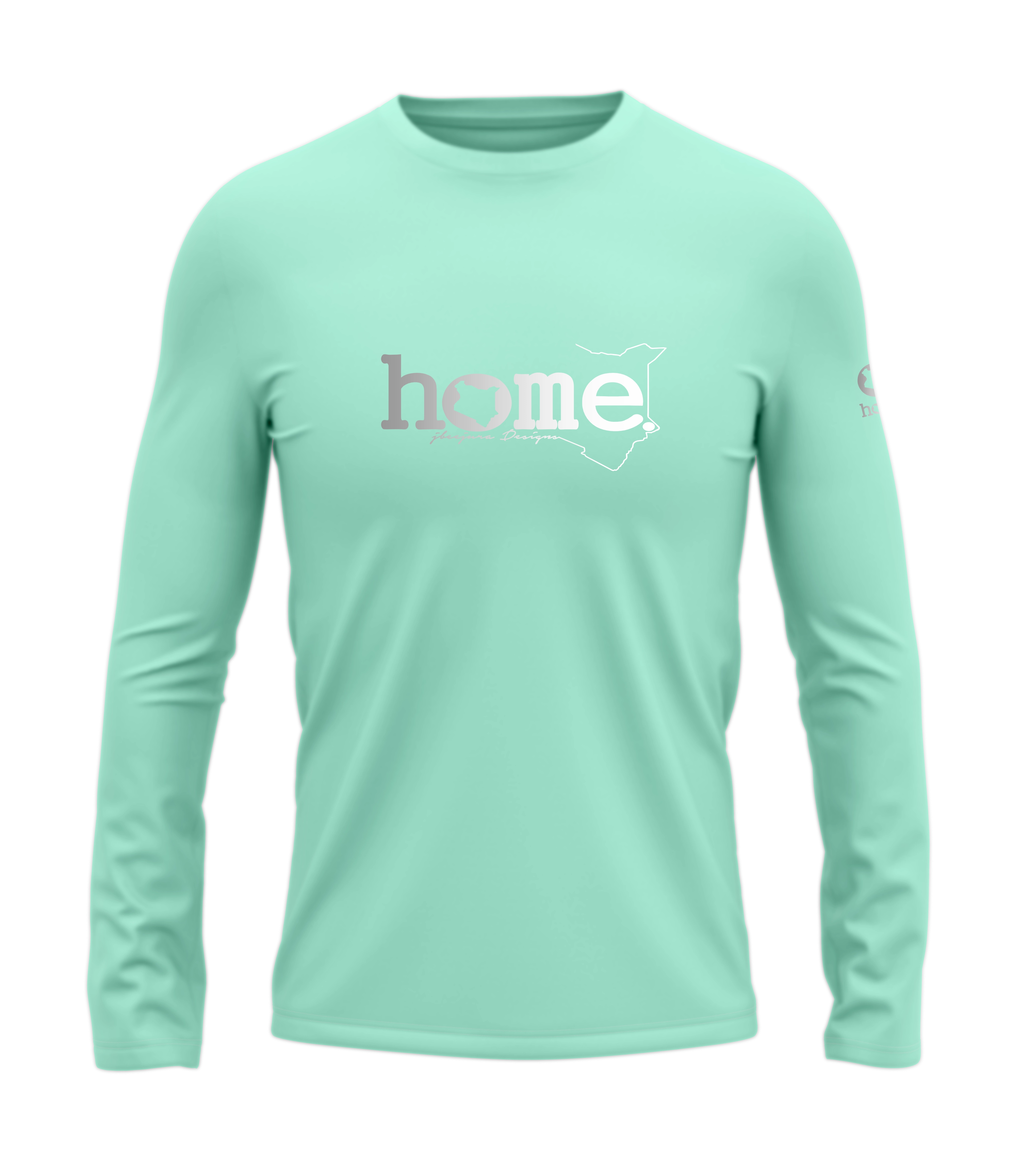 home_254 LONG-SLEEVED TURQUOISE GREEN T-SHIRT WITH A SILVER CLASSIC WORDS PRINT – COTTON PLUS FABRIC