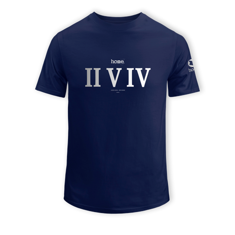 home_254 SHORT-SLEEVED NAVY BLUE T-SHIRT WITH A SILVER ROMAN NUMERALS PRINT – COTTON PLUS FABRIC