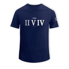 home_254 SHORT-SLEEVED NAVY BLUE T-SHIRT WITH A SILVER ROMAN NUMERALS PRINT – COTTON PLUS FABRIC