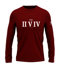 home_254 LONG-SLEEVED MAROON RED T-SHIRT WITH A WHITE ROMAN NUMERALS PRINT – COTTON PLUS FABRIC