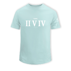 home_254 SHORT-SLEEVED MISTY BLUE T-SHIRT WITH A WHITE ROMAN NUMERALS PRINT – COTTON PLUS FABRIC