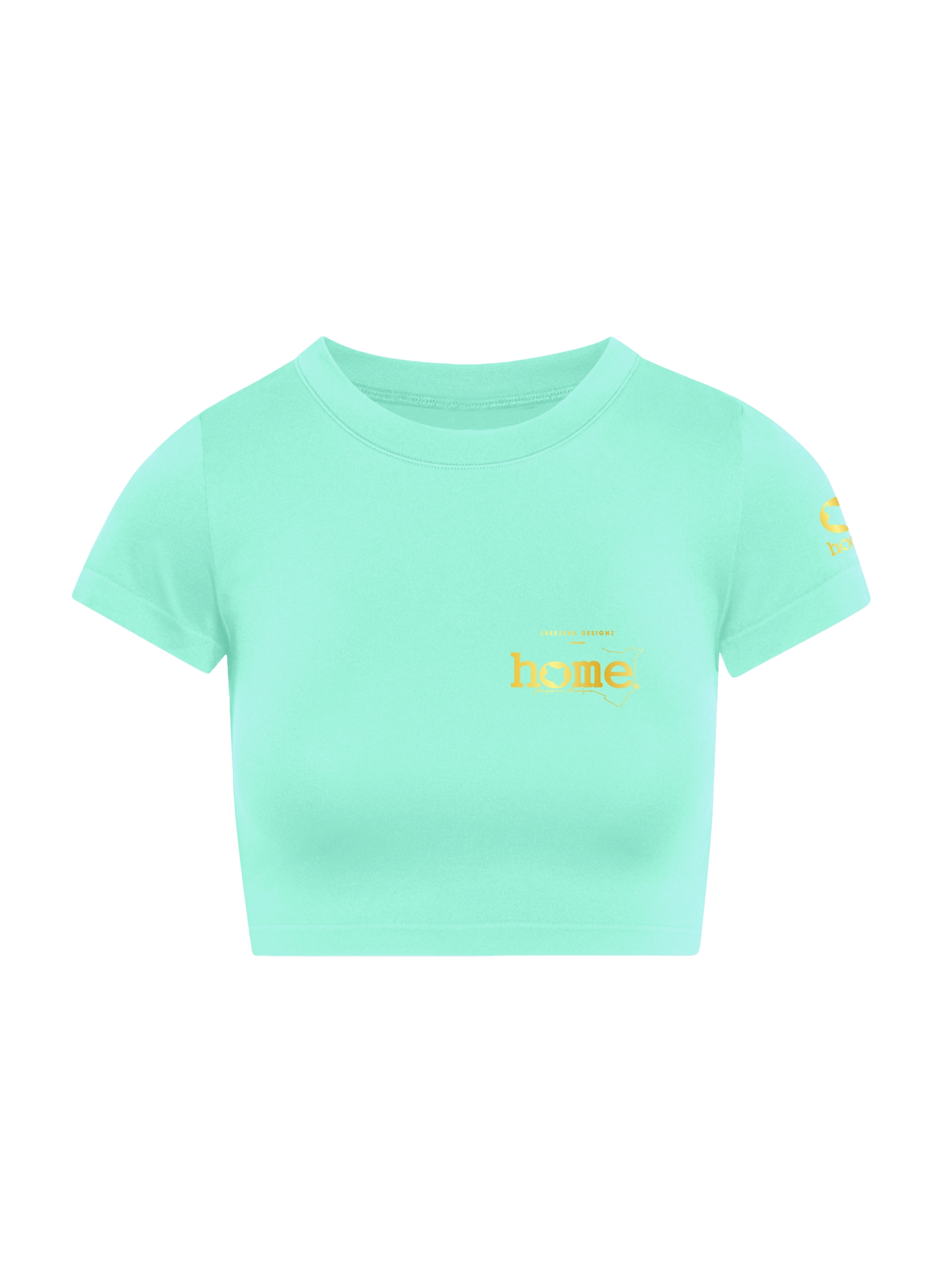 home_254 SHORT SLEEVED TURQUOISE GREEN CROPPED ARIA TEE WITH A GOLD 3D WORDS PRINT 