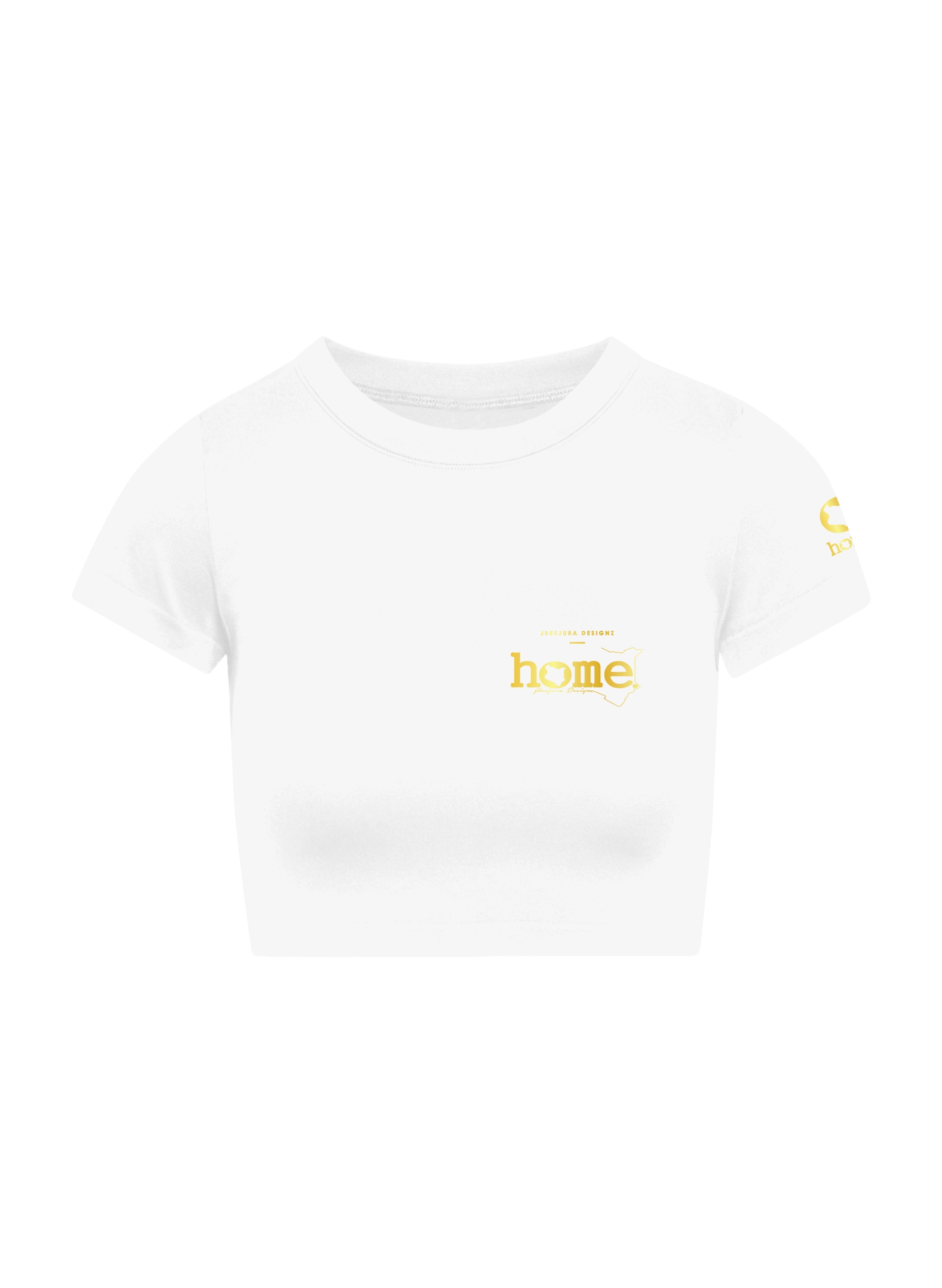home_254 SHORT SLEEVED WHITE CROPPED ARIA TEE WITH A GOLD 3D WORDS PRINT 