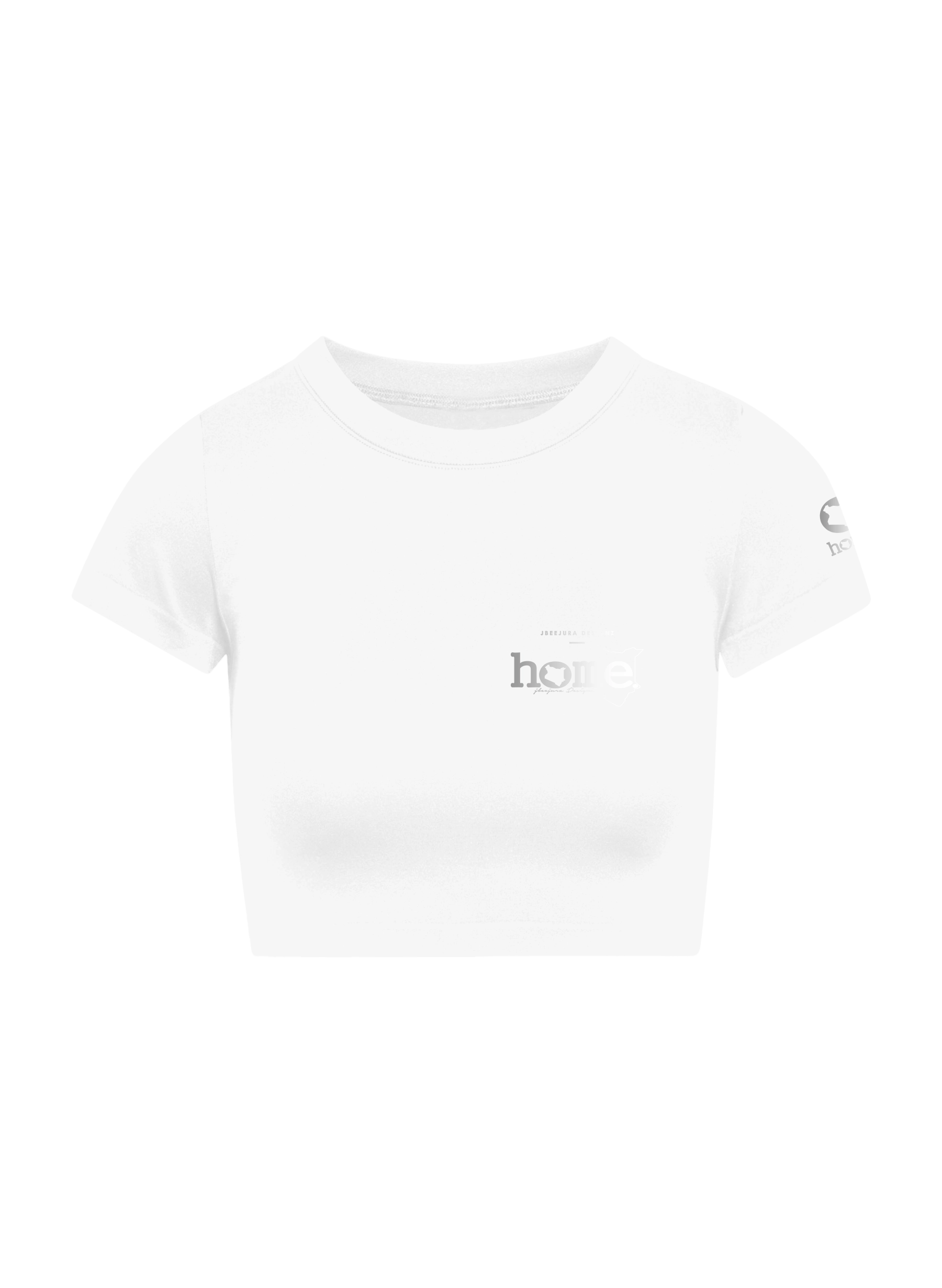 home_254 SHORT SLEEVED WHITE CROPPED ARIA TEE WITH A SILVER 3D WORDS PRINT 
