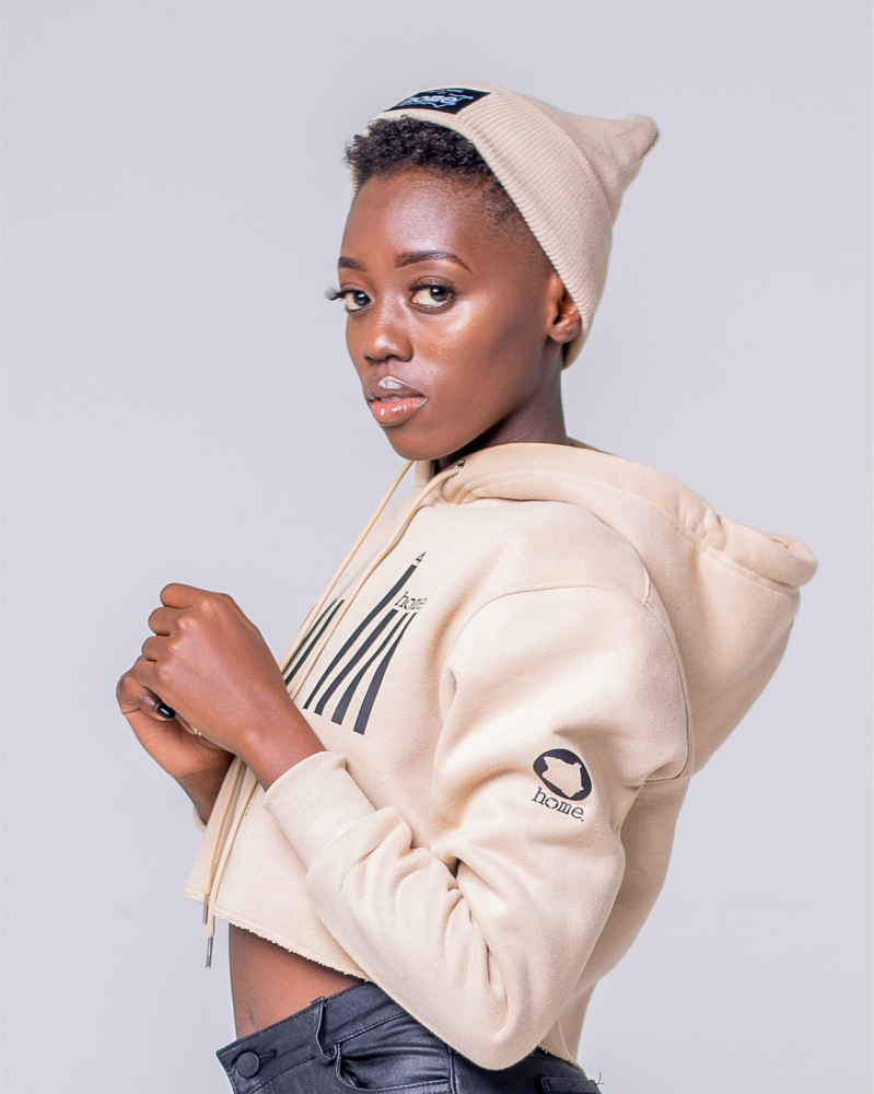 Rue baby in JBEEJURA DESINGZ | home_254  light brown Cropped Hoodie with black bars logo- waist up