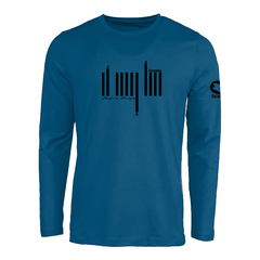 JBeejura Designz | home_254 steel blue long sleeve t-shirt with a black bars print.