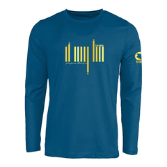 JBeejura Designz | home_254 steel blue long sleeve t-shirt with a gold bars print.