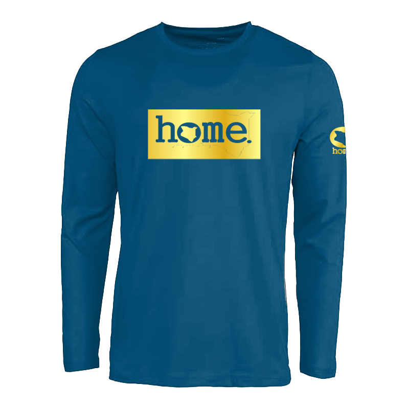 JBeejura Designz | home_254 steel blue long sleeve t-shirt with a gold classic print.