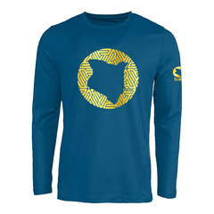 JBeejura Designz | home_254 steel blue long sleeve t-shirt with a gold map print.