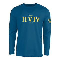 JBeejura Designz | home_254 steel blue long sleeve t-shirt with a gold romans print.