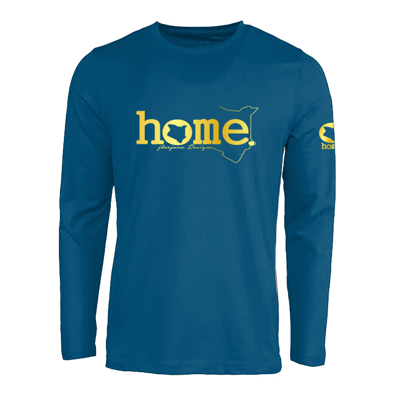 JBeejura Designz | home_254 steel blue long sleeve t-shirt with a gold classic words print.
