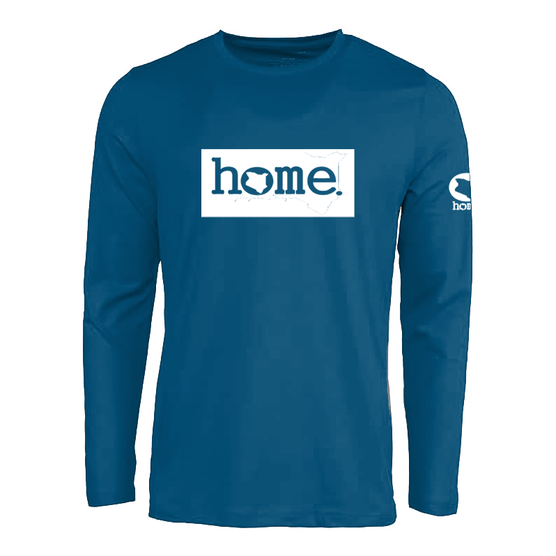 JBeejura Designz | home_254 steel blue long sleeve t-shirt with a white classic print.