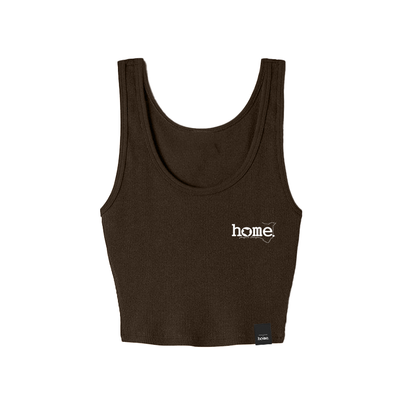 home_254 DARK BROWN MUSHIE VEST TOP WITH A WHITE 3D WORDS PRINT 