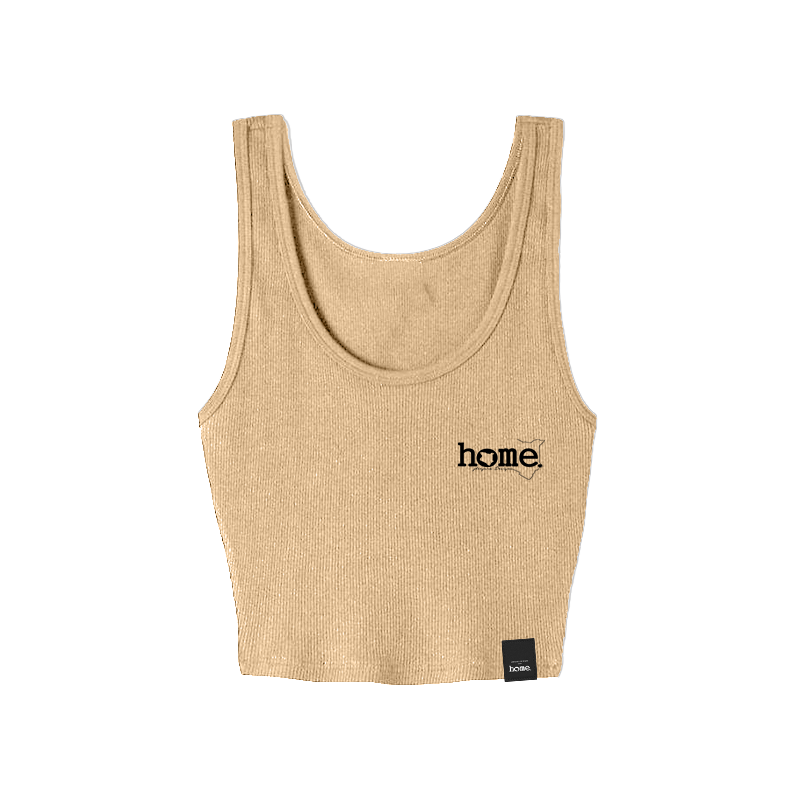 home_254 LIGHT BROWN MUSHIE VEST TOP WITH A BLACK 3D WORDS PRINT