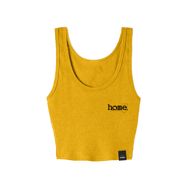 home_254 MUSTARD YELLOW MUSHIE VEST TOP WITH A BLACK 3D WORDS PRINT 